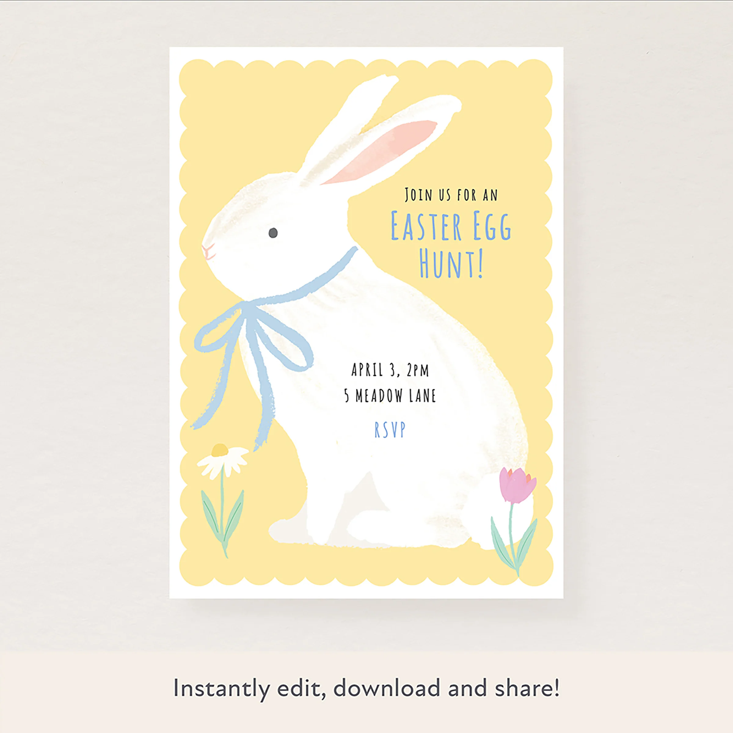 Bunny With Bow Download & Print Invitation