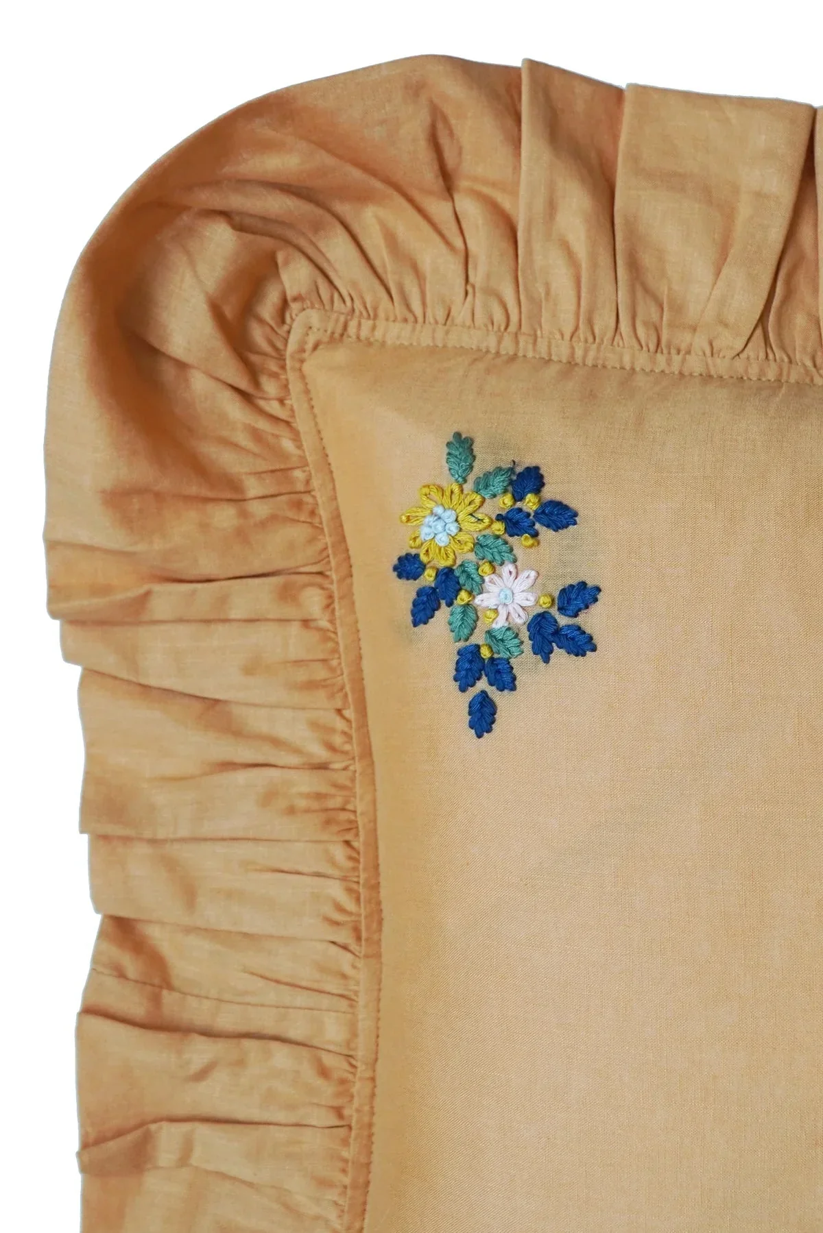 Turmeric Embroidered Ruffle Cushion made with Linen Liberty Fabric - Image 3
