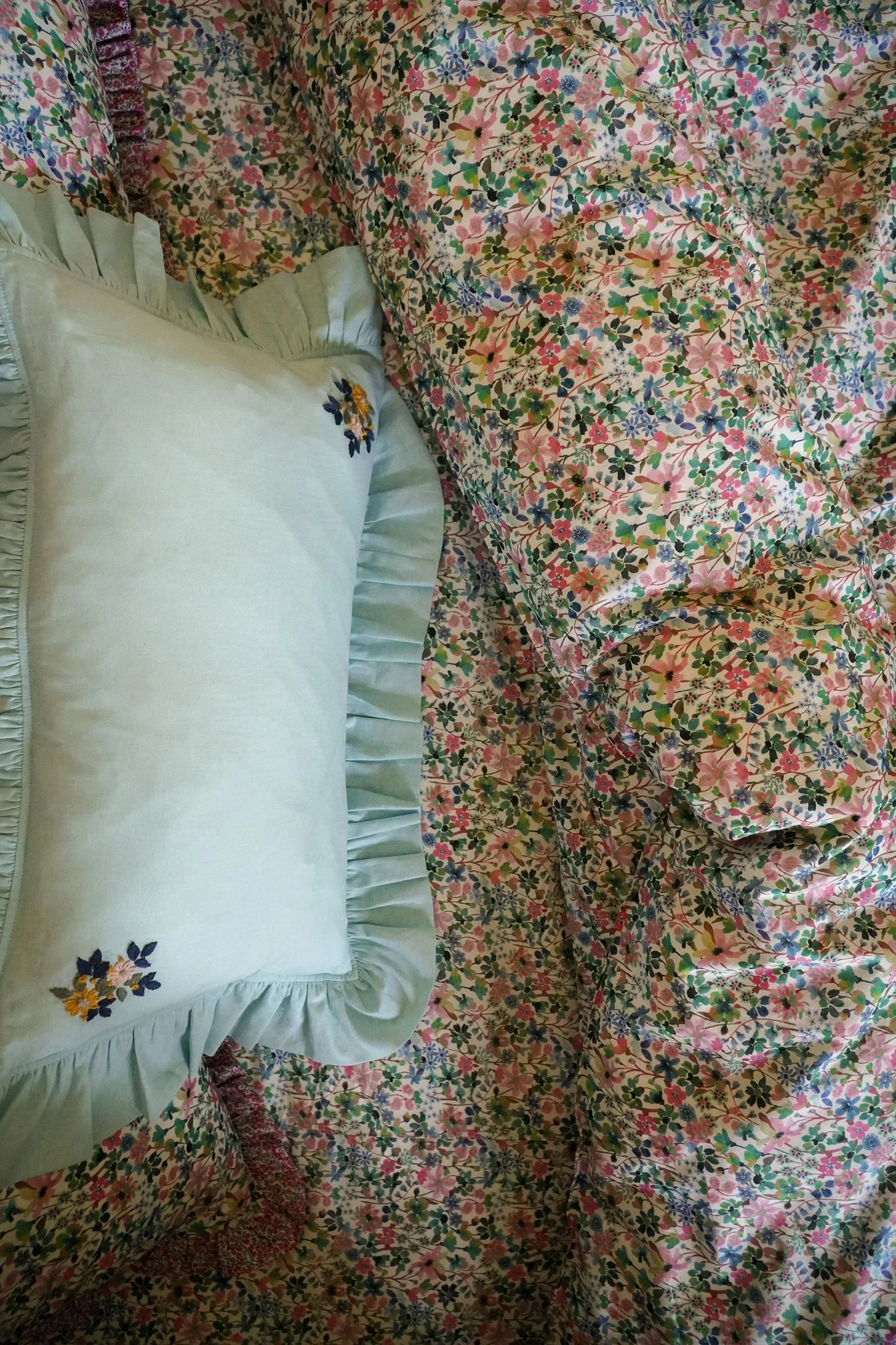 Sea Spray Embroidered Ruffle Oblong Cushion made with Liberty Fabric - Image 6