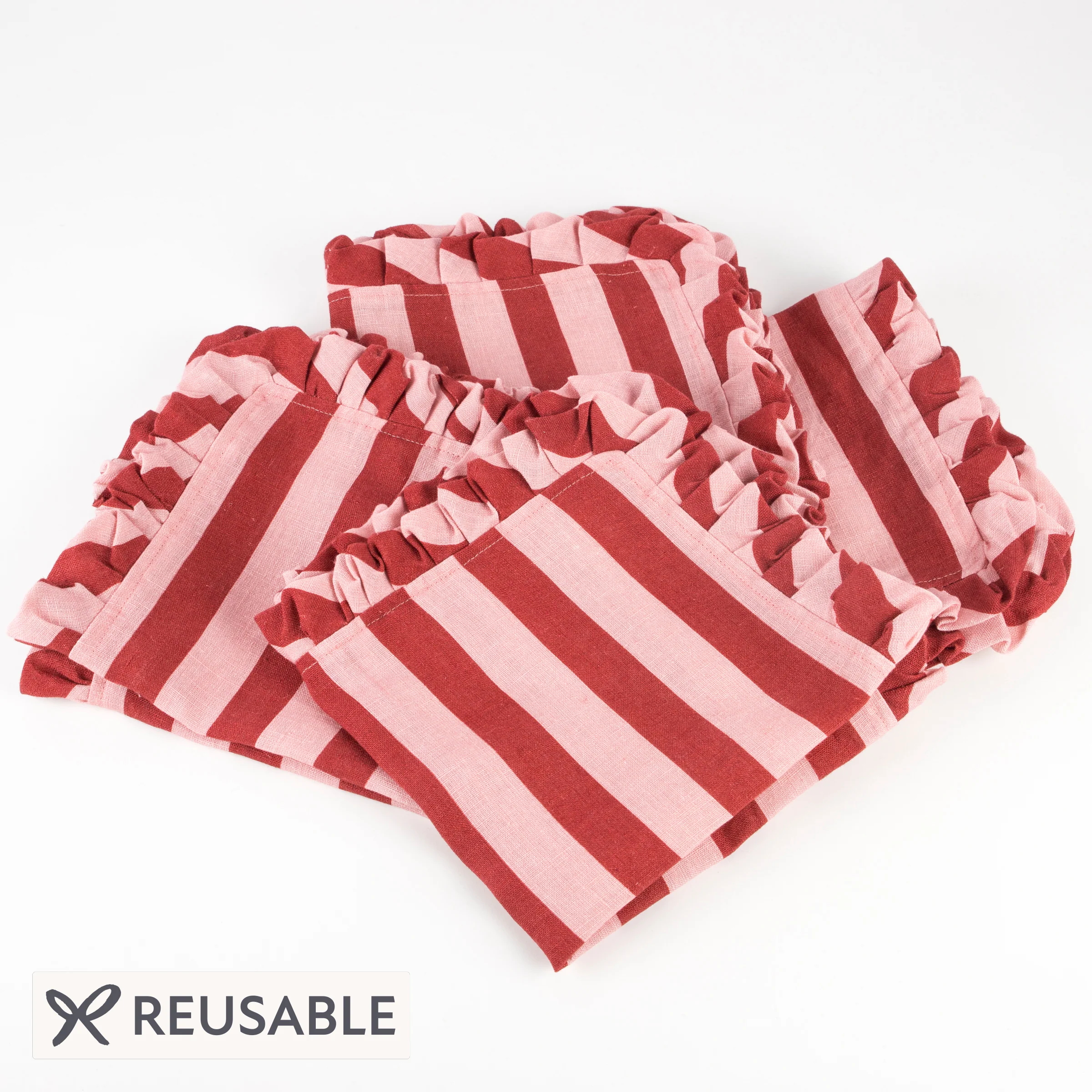 Red & Pink Stripe Ruffle Fabric Napkins (x 4)